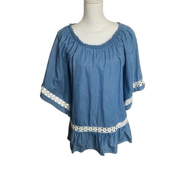 Khakis & Co Chambray Boatneck Crochet Trimmed Bell Sleeve Top - Picture 8 of 8